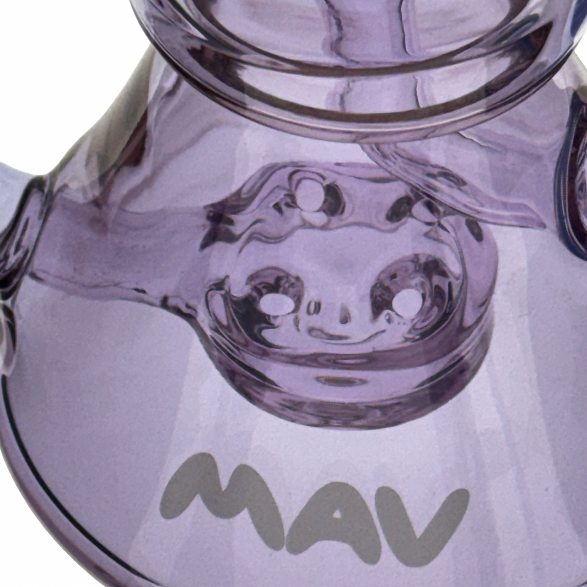 MAV Glass Beverly SUBTL x BELSAR recycler dab rig, close-up of the base perc holes above the MAV logo