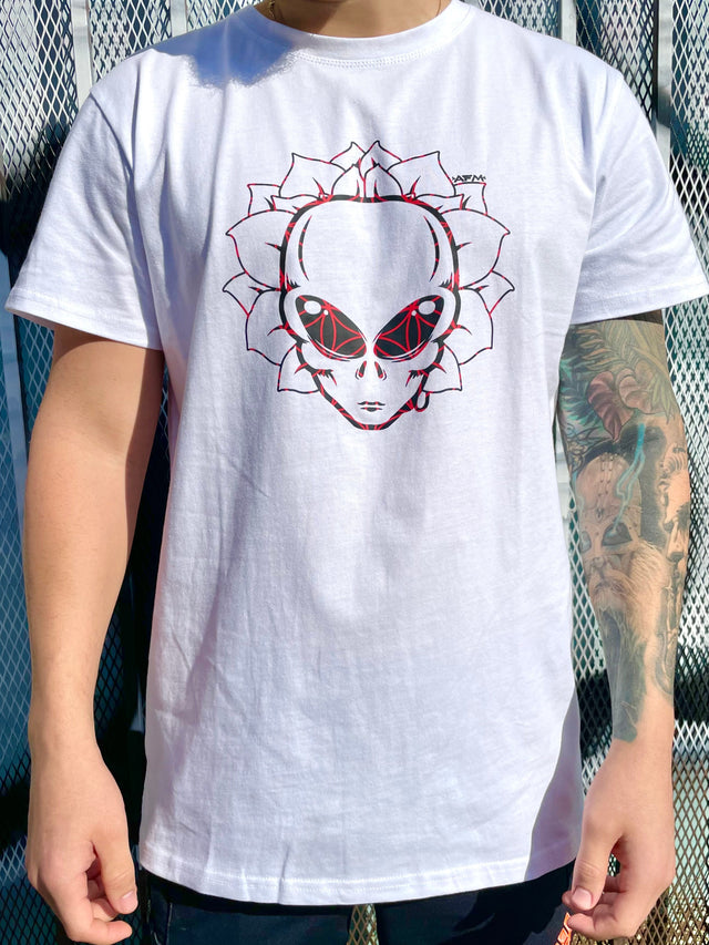 AFM Flower of Life T-Shirt with intricate alien design, front view on model