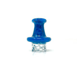 AFM Color Dot Turbo Glass Spinner Carb Cap in blue with 2 clear pearls, front view on white background