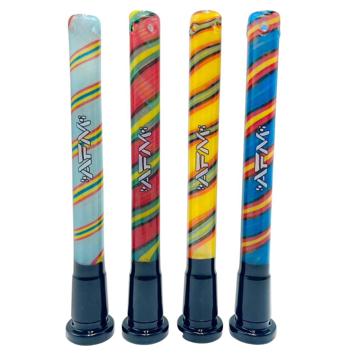 Assortment of 5" AFM Reversal Stems v2 with 14mm joint, vibrant colored glass patterns, front view