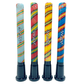 Assortment of 5" AFM Reversal Stems v2 with 14mm joint, vibrant colored glass patterns, front view