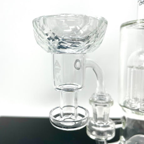 AFM Disc Spinner Carb Cap Dish V3 for Dab Rigs, clear borosilicate glass, close-up side view