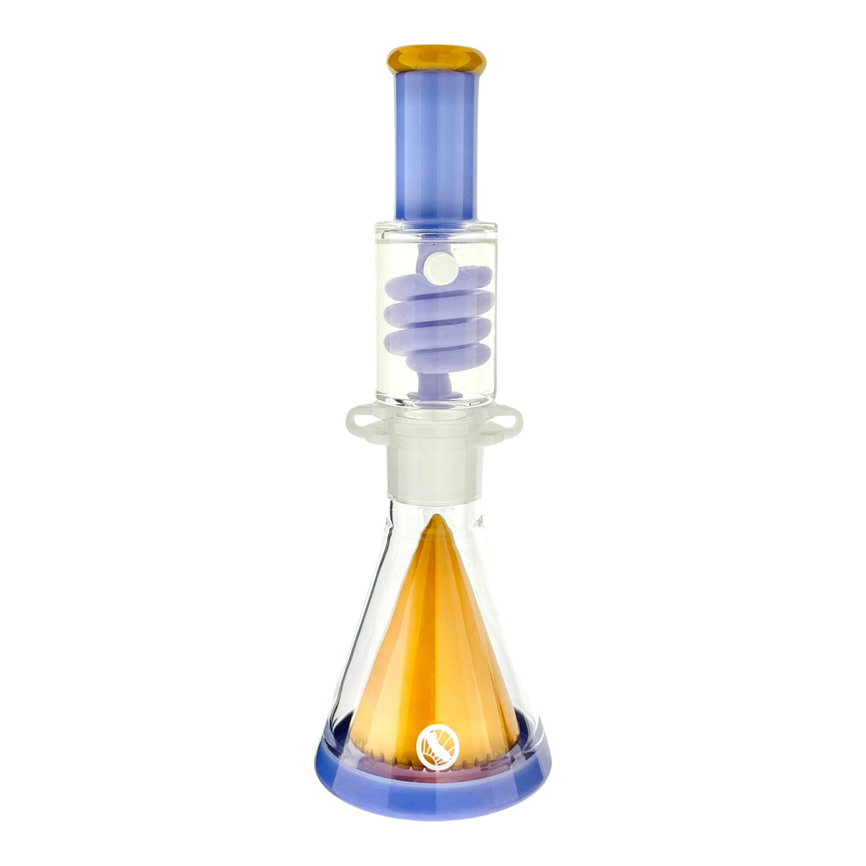 MAV Glass OS90 Slitted Pyramid Beaker with Purple Freezable Coil, Front View on White Background