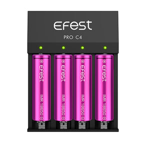 Efest Pro C4 Charger with Four 18650 Batteries Front View on Seamless White Background