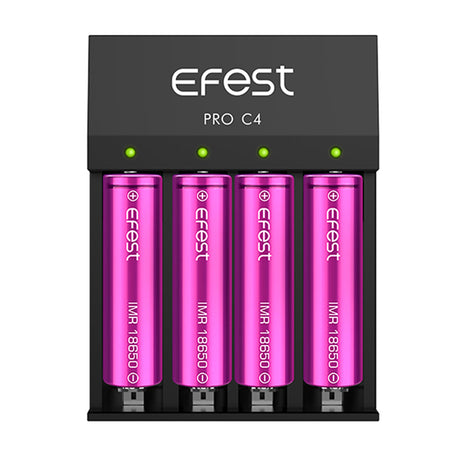 Efest Pro C4 Charger with Four 18650 Batteries Front View on Seamless White Background