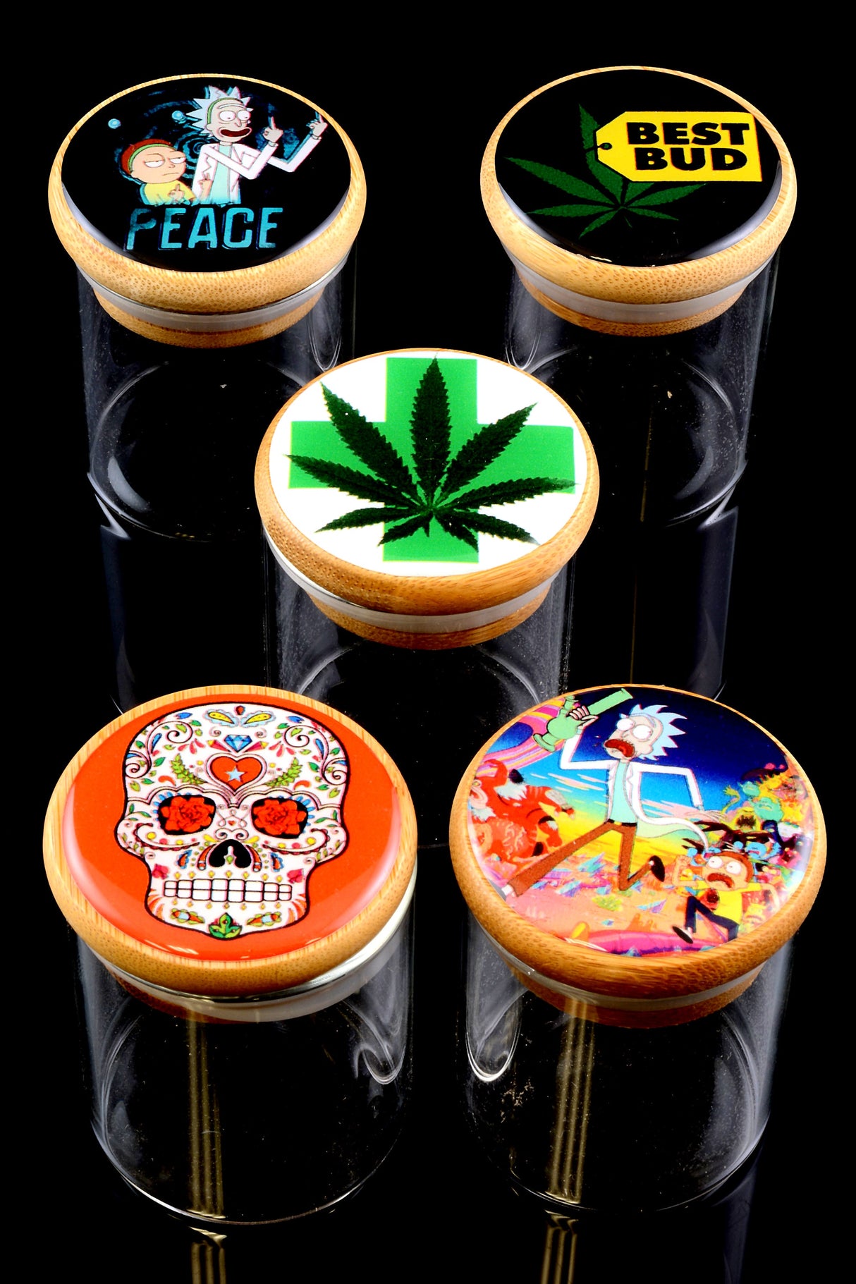 Glass Stash Jar – Bamboo Lid – Design Decal - Assorted Colors