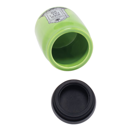 Fujima Cute'n'Punny Ceramic Stash Jar in green with lid off, top view, 3fl oz capacity