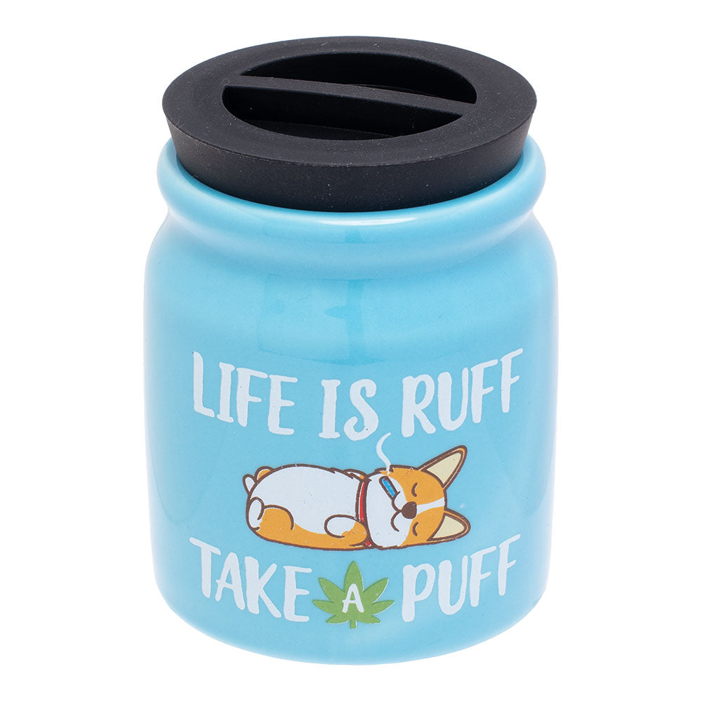 Fujima Ceramic Stash Jar with 'Life is Ruff' pun, blue, front view, airtight seal for freshness