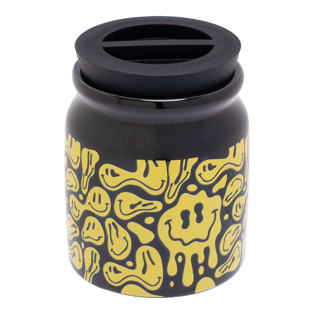 Fujima Ceramic Stash Jar with quirky face designs, 3fl oz - Front View on White Background