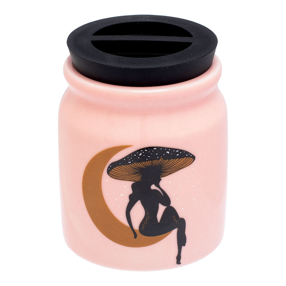 Fujima Ceramic Stash Jar with whimsical mushroom design, 3fl oz - Front View on White Background