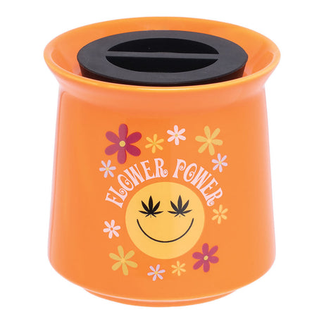 Fujima Ceramic Stash Jar with 'Flower Power' Design and Airtight Lid, 3oz - Front View
