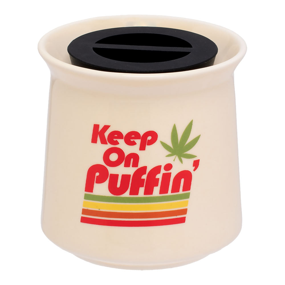 Fujima Ceramic Stash Jar with Airtight Lid - 3oz 'Keep On Puffin' Design - Front View