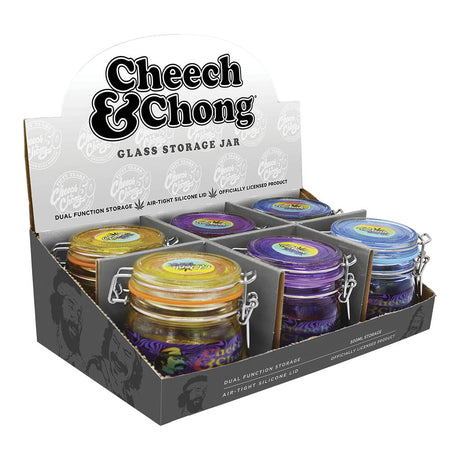 Cheech & Chong branded 150mL glass herb storage jars in assorted colors displayed in box