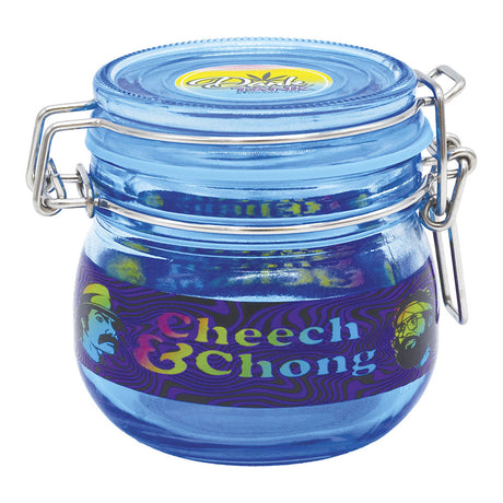 Cheech & Chong 150mL blue airtight herb storage jar with clamp lid, front view