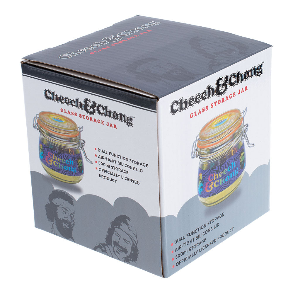 Cheech & Chong Dank Tank Airtight Glass Jar packaging, 500mL, front and side view