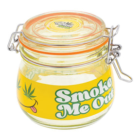 Fujima Dank Tank 500ml glass jar with Smiley Smoke Me Out design, front view on white background