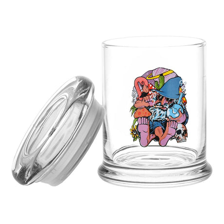 Pulsar 420 Jars Pop Top with Flamingo Wizard design, clear glass, front view with open lid