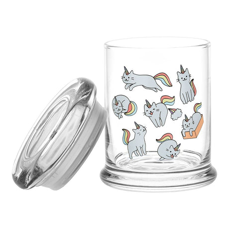 Pulsar 420 Caticorns Pop Top Jar, Clear Glass with Colorful Unicorn Cat Designs