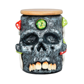 Pulsar Third Eye Shroom Skull Glass Jar, 4.25" with bamboo lid, front view
