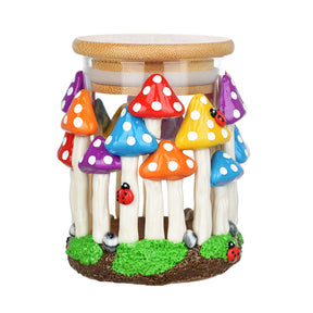 Pulsar Shroom Forest Glass Jar - 4.25" with Colorful Mushroom Design, Front View