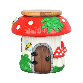 Pulsar Shroom Cottage Glass Jar, 4.25" with whimsical mushroom design, front view