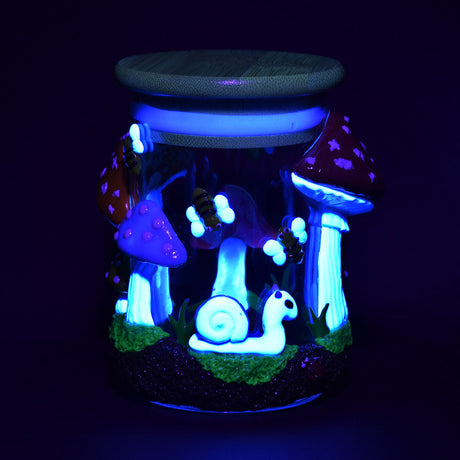 Pulsar Shrooms In The Wild Glass Jar glowing in the dark, front view, 4.25" size, with detailed mushroom art