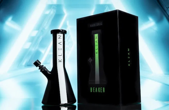 KLEAN Black Series Beaker Master Case of 9 - black borosilicate glass beaker bong with glow-in-the-dark stripe