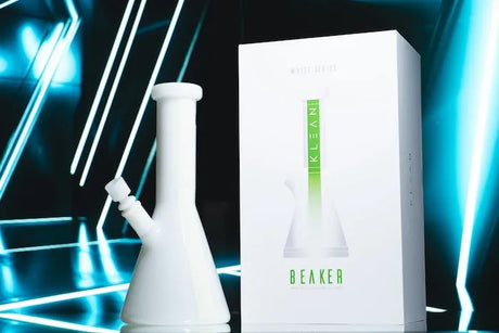 KLEAN White Series Beaker Master Case of 9 - clear borosilicate glass beaker bong with glow-in-the-dark stripe