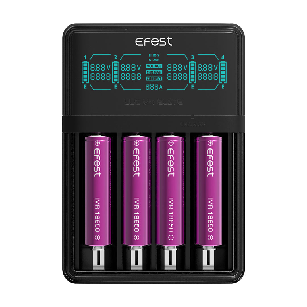 Efest Elite LUC V4 Battery Charger Front View with Four Slots and Digital Display