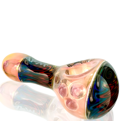 4" AFM Wig Wag Vortex Glass Hand Pipe with colorful design and deep bowl, side view on white background