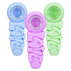 Assorted colors LOVE Silicone Hand Pipes, 4 inch, 5-piece set on white background