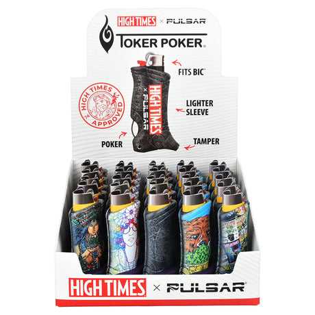 Display box of 25 Pulsar Toker Poker Lighter Sleeves with High Times assorted designs