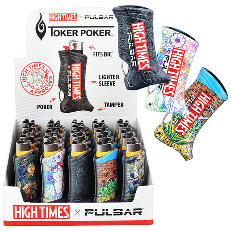 Assorted High Times x Pulsar Toker Poker Lighter Sleeves display with Bic lighters front view