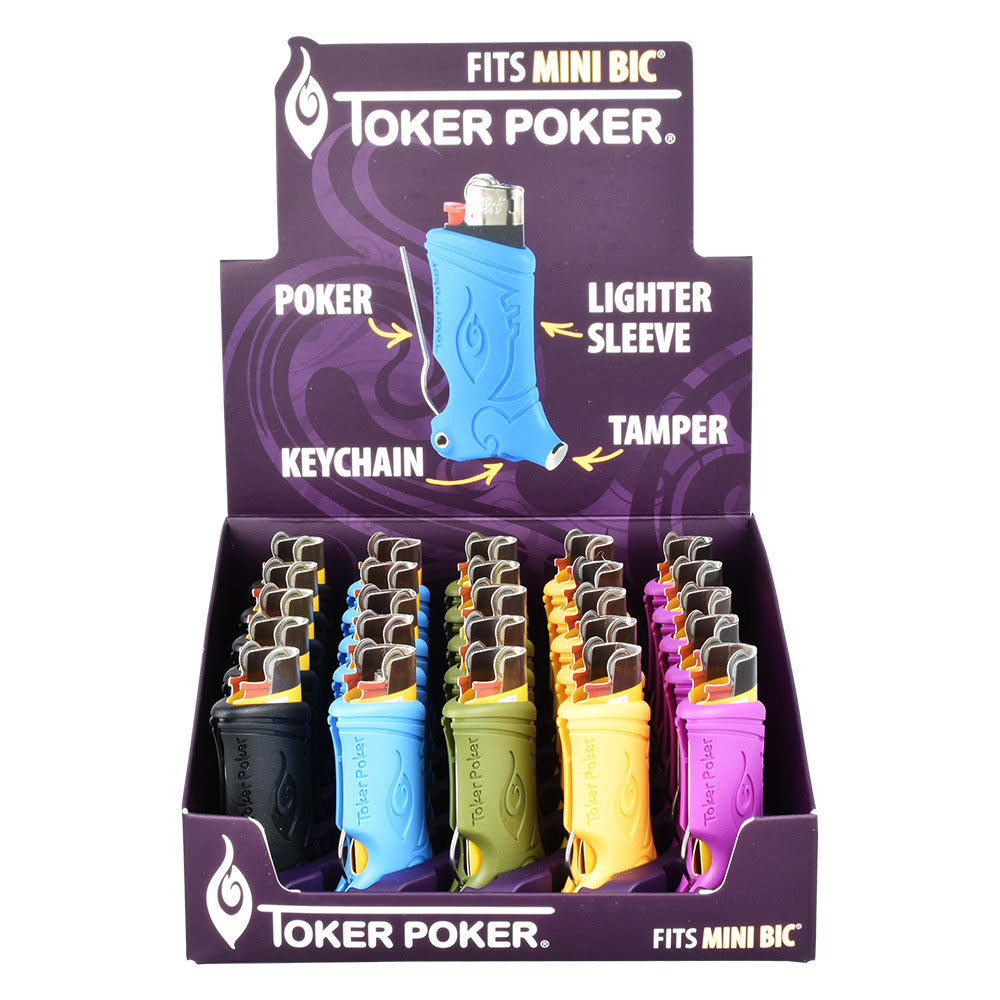 25PC DISPLAY of Toker Poker Lighter Sleeves for Mini Bic in Assorted Colors, Front View