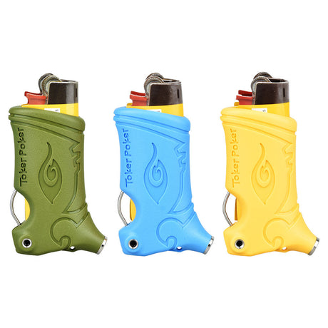 Assorted Toker Poker Mini Bic Lighter Sleeves in green, blue, and yellow with logo