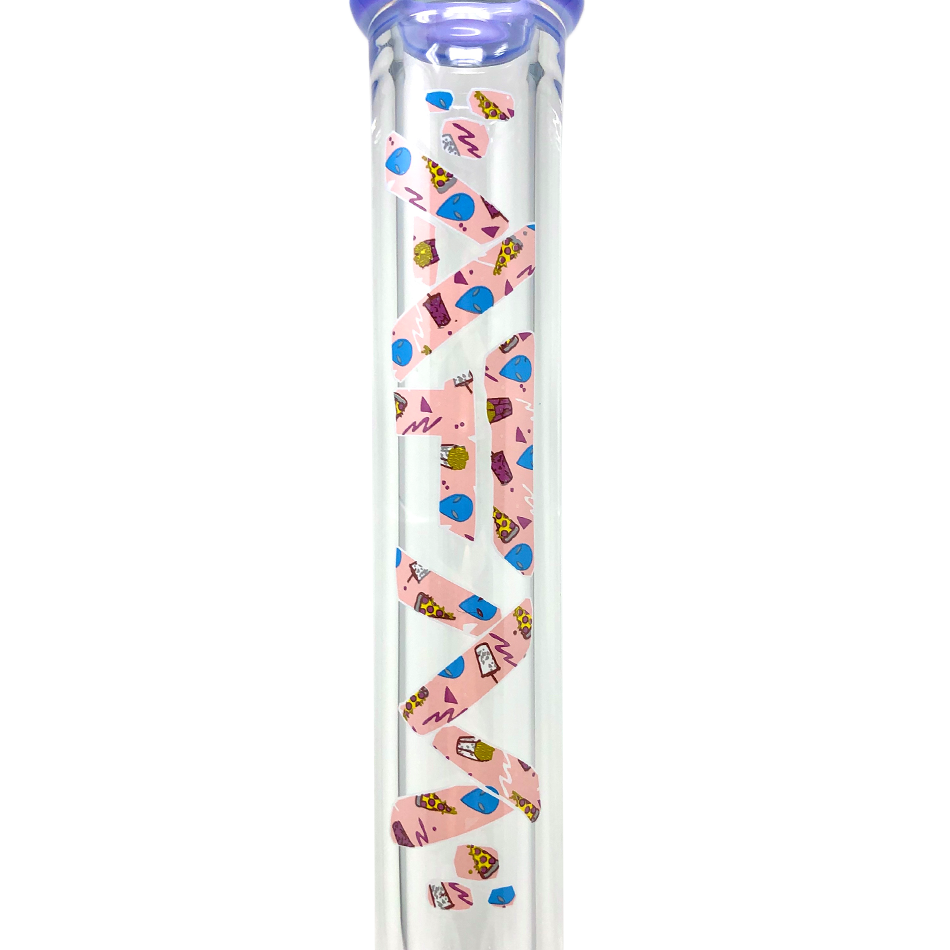 AFM Max Beaker Pink Glass Bong, 18" Tall with Colorful Accents, Front View on White Background