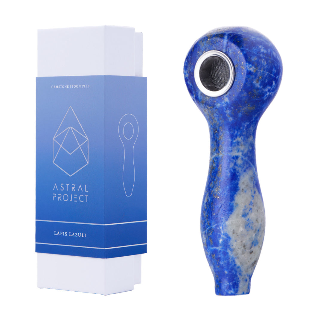 Astral Project Lapis Lazuli Gemstone Spoon Pipe, Borosilicate Glass, Side View