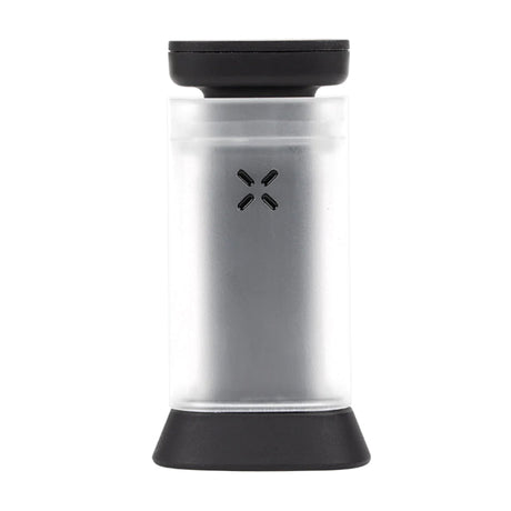PAX Puck Press in silver, front view, for precise vaporizer packing, with black end caps