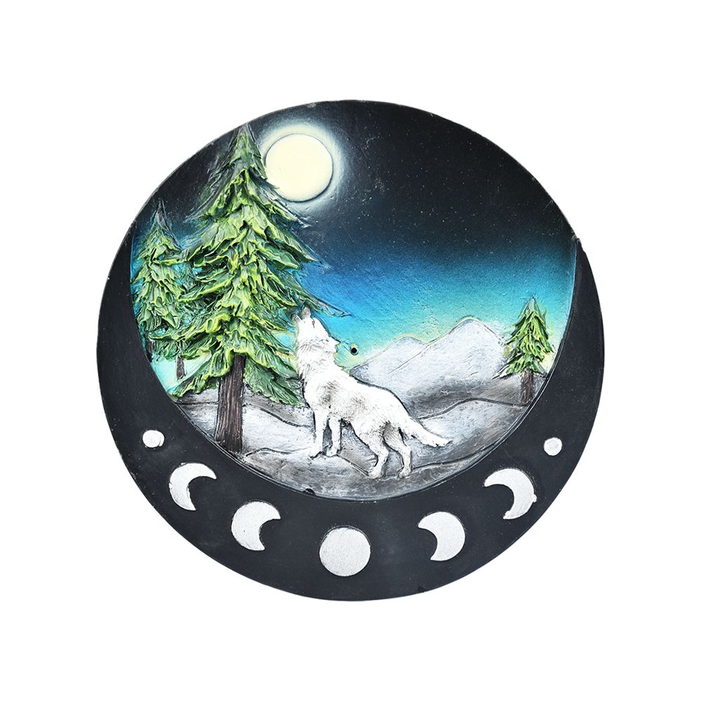 Lone Wolf Polyresin Round Incense Burner | 4.8"