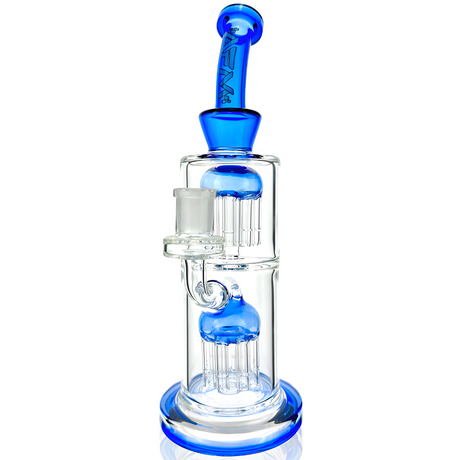 AFM Glass 11" Double Tower Tree Dab Rig in Ink Blue with Showerhead Perc, Bent Neck, Front View