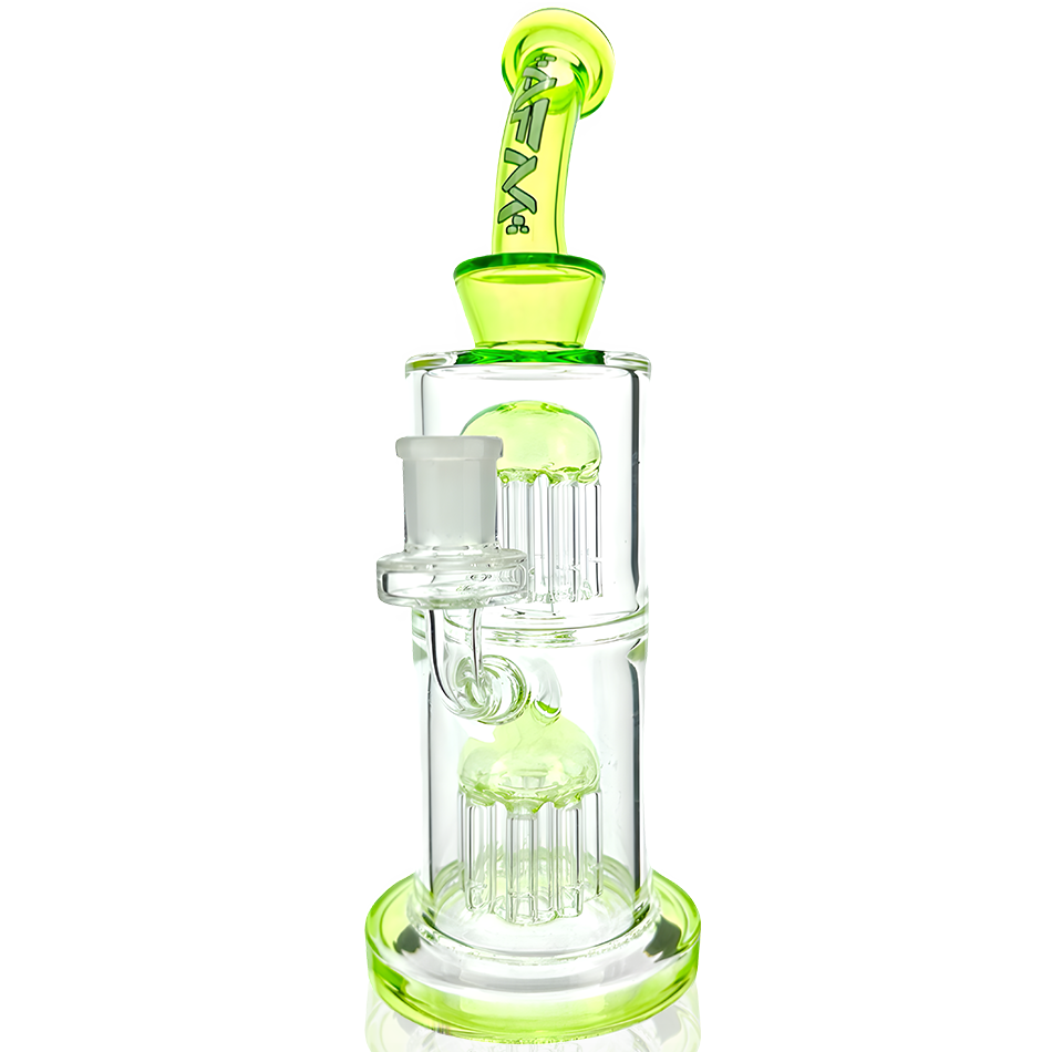 11" AFM Glass Double Tower Tree Dab Rig with Lime Accents and Showerhead Perc, Front View