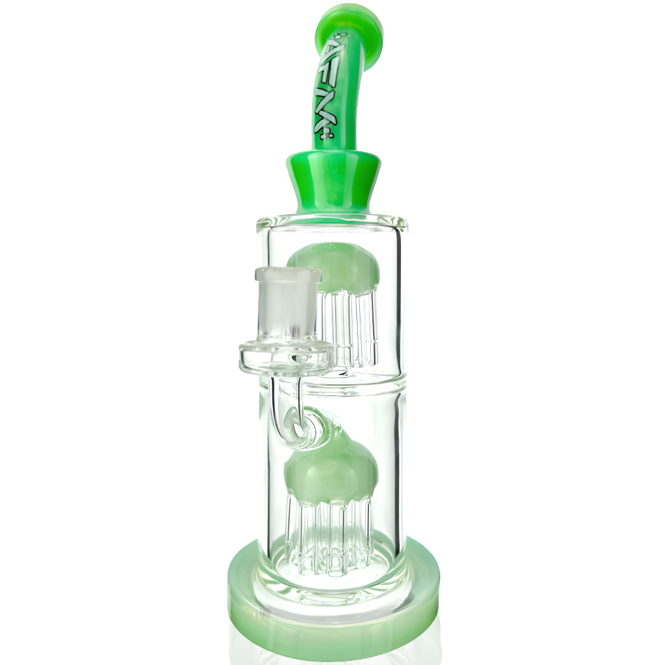 11" AFM Glass Double Tower Tree Dab Rig with Mint Colored Accents and Showerhead Perc