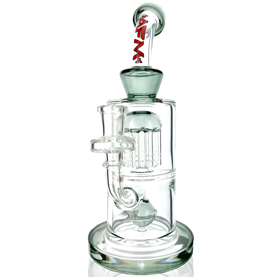 10" AFM Glass Astor Double Perc Dab Rig with Bent Neck and Colored Accents - Front View