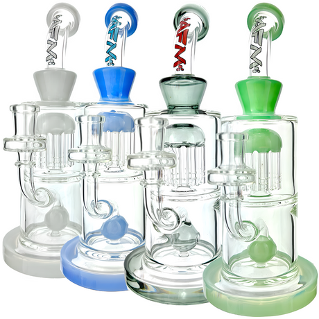 AFM Glass Astor Double Perc Dab Rigs in various colors with bent neck and showerhead perc