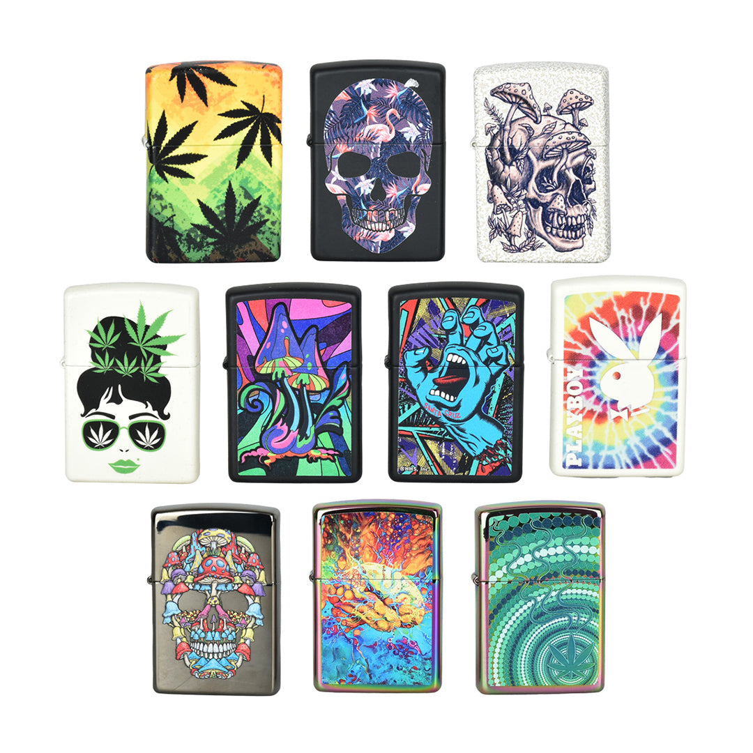 Assorted ThreadHeads Zippo Lighters with various artistic designs displayed in rows