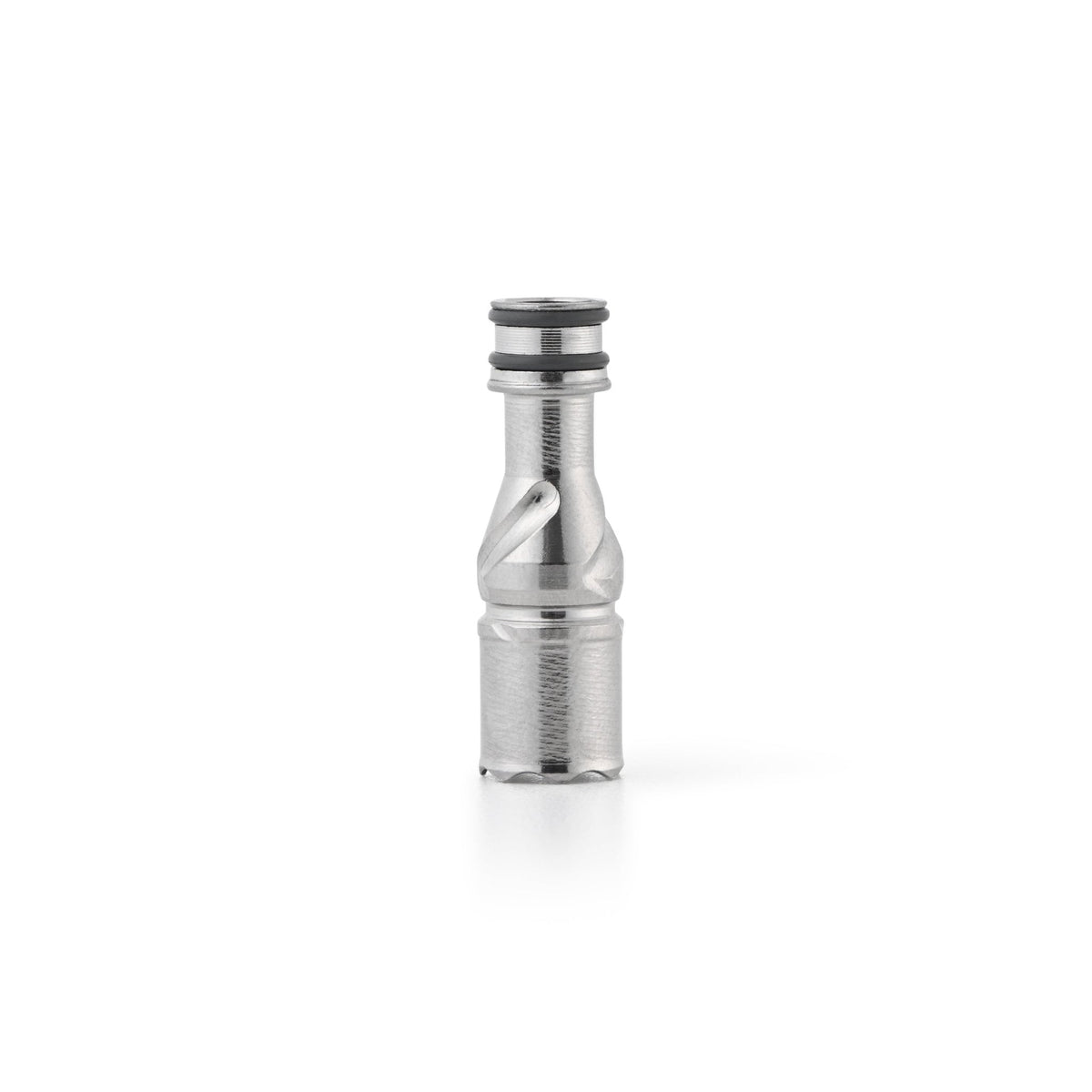 DynaVap M-series vaporizer studio photograph, a close detail shot of the stainless steel tip and cap.
