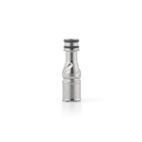 DynaVap M-series vaporizer studio photograph, a close detail shot of the stainless steel tip and cap.