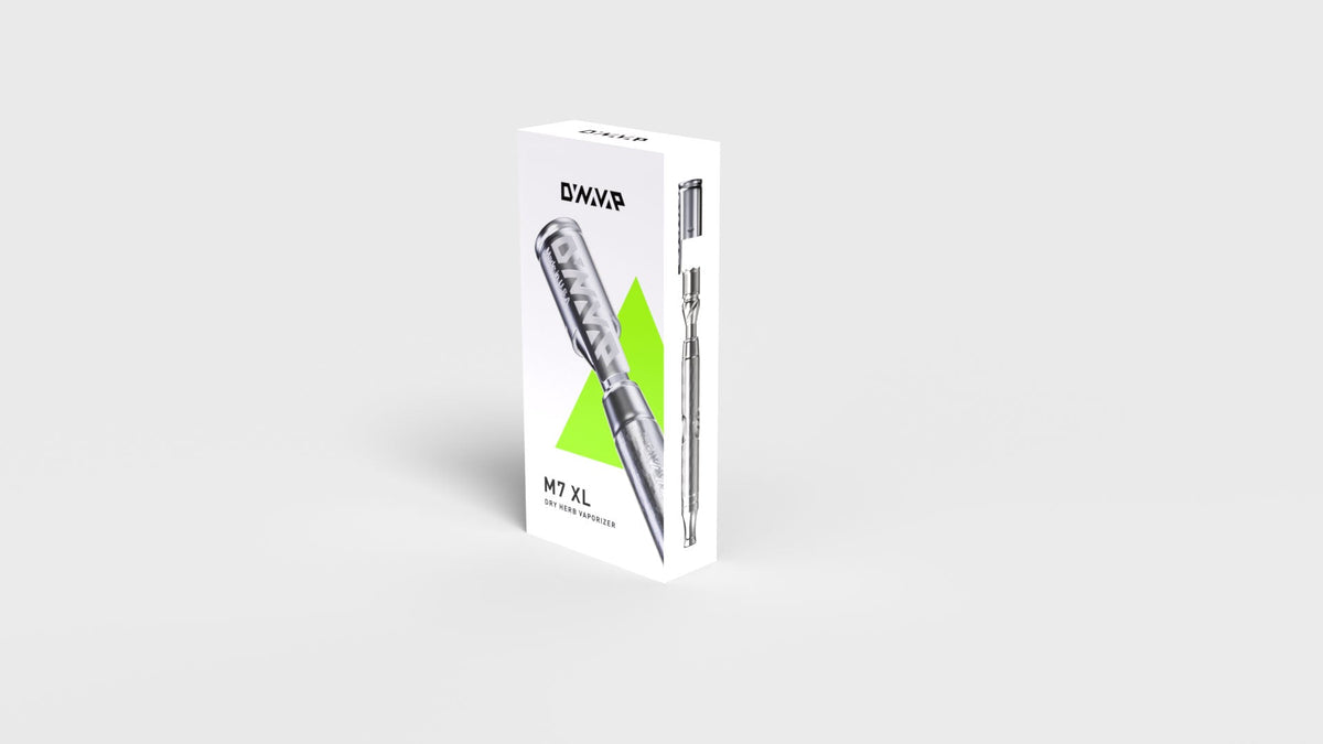 DynaVap The M 7 XL vaporizer in an isometric view on a white background, showing the full 109mm length.