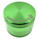 Sir Shredalot 4-Piece Metal Herb Grinder in green with engraved logo, top view on white background