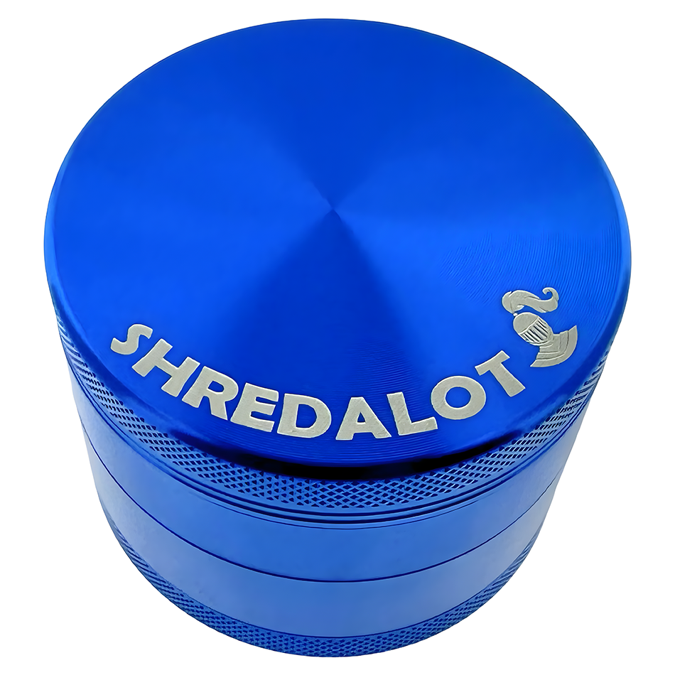 Sir Shredalot 4-Piece Metal Herb Grinder in Blue, Top View on White Background